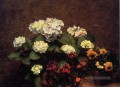 Hydrangias Gewürznelken und zwei Töpfe Stiefmütterchen Blumenmaler Henri Fantin Latour